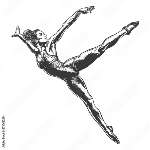 Engraved Ballerina: Dynamic Leap, Classical Dance, Fine Art Illustration, Monochromatic Grace