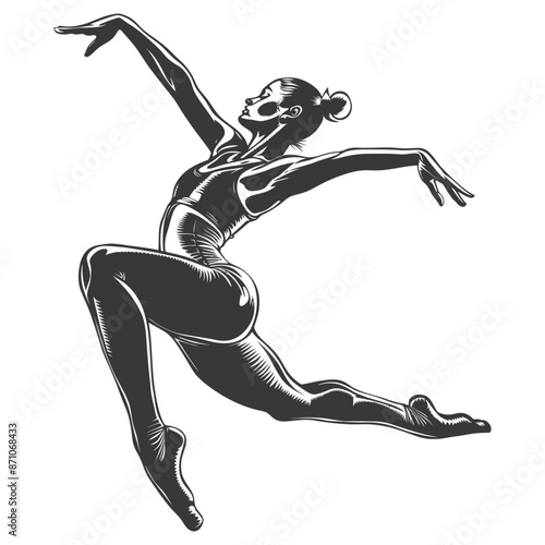 Engraved Ballet Dancer: Graceful Leap, Vintage Aesthetic, Monochrome Illustration