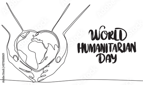 Heart in hands one line continuous. World Humanitarian Day. Hand drawn vector art