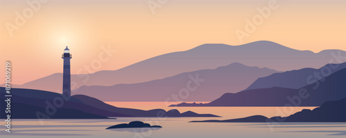 Rocky seashore with a lighthouse, panoramic vector landscape of the coast. A beautiful ocean bay with hills and mountains and a tall lighthouse against the backdrop of a warm summer sunset.