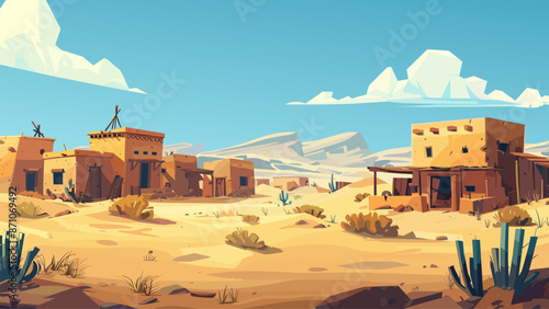 Bedouin Huts in the Desert Cartoon Game Background Nomadic Tents Sandy Landscape Traditional Dwellings Middle Eastern Culture Oasis Sun Adventure Illustration