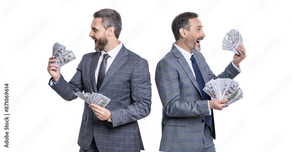 businessmen increase salary. successful business men hold money dollar isolated on white. successful salary negotiation. two businessmen counting money. business success and profit. Money order businessmen increase salary. successful business men hold money dollar isolated on white. successful salary negotiation. two businessmen counting money. business success and profit. Money order