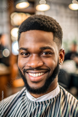 The head of a young handsome man is turned three quarters to the right, with a stylish haircut, shaved temples, stripes shaved on the temples, and a short beard. At the hairdresser's. Smiles a little.