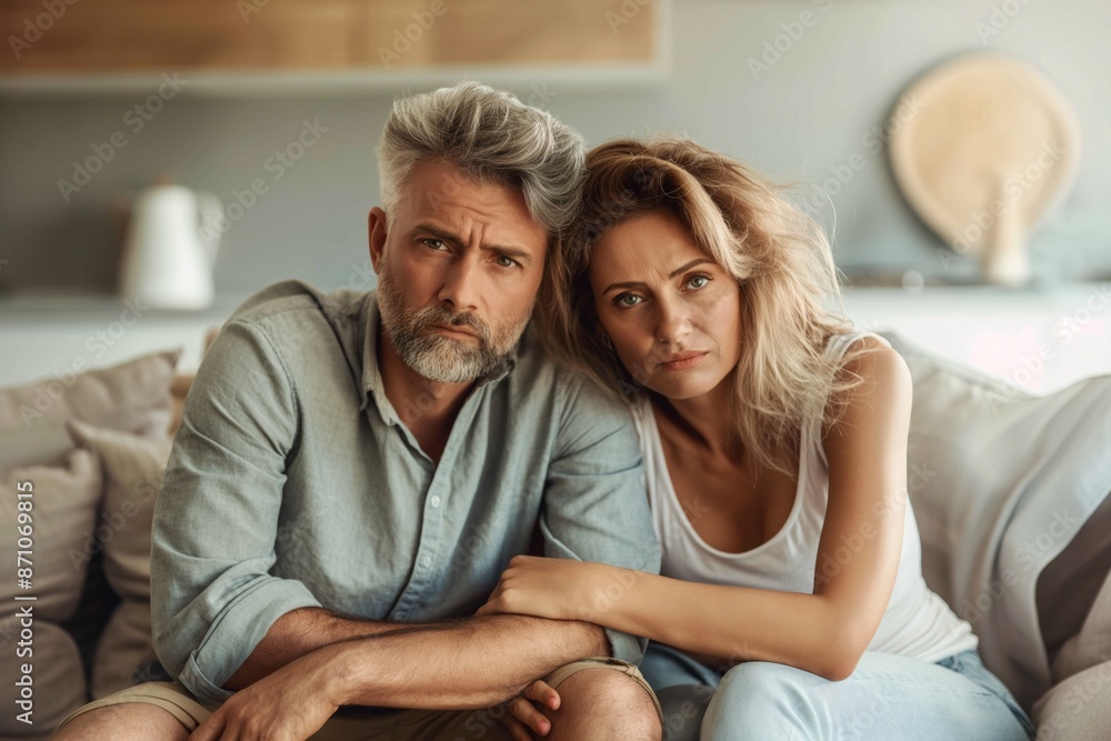 An older couple sits on a comfortable couch, both sporting serious expressions, indicating a moment of concern or deep thought in a beautifully decorated living room. An older couple sits on a comfortable couch, both sporting serious expressions, indicating a moment of concern or deep thought in a beautifully decorated living room.