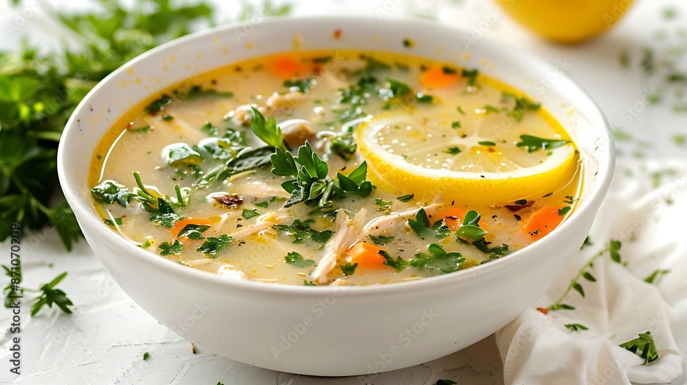 A delicious serving of Ciorba Radautean, a creamy and hearty chicken soup from Romania, garnished with fresh herbs and served with a slice of lemon. The clean white background emphasizes. A delicious serving of Ciorba Radautean, a creamy and hearty chicken soup from Romania, garnished with fresh herbs and served with a slice of lemon. The clean white background emphasizes.