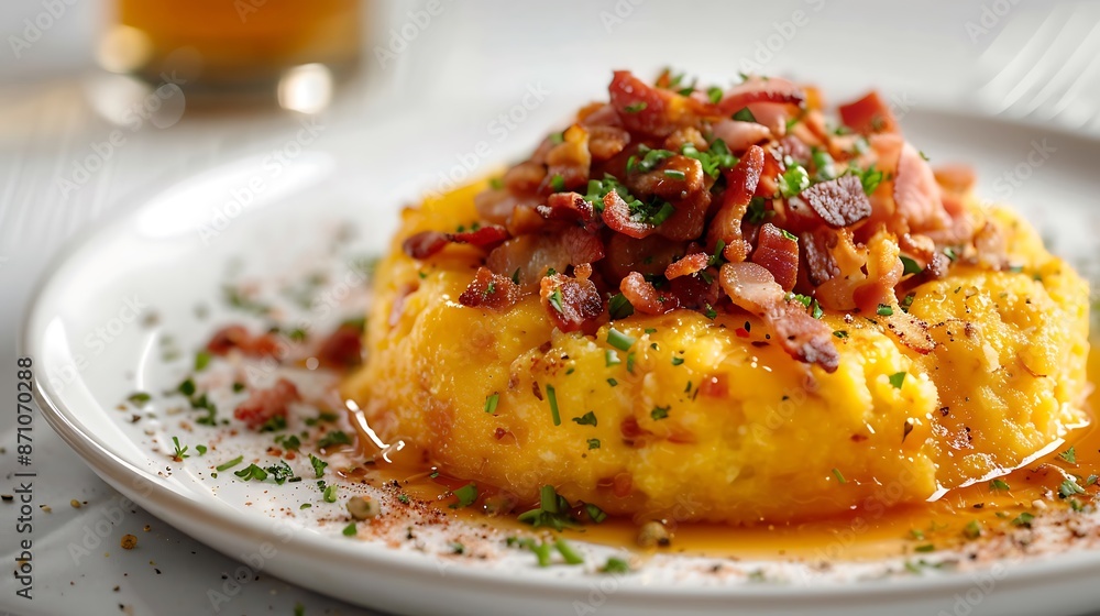 A rustic presentation of Balmos, a traditional Romanian dish made with polenta and sheep cheese, topped with crispy bacon bits and served on a white plate. The white backdrop highlights A rustic presentation of Balmos, a traditional Romanian dish made with polenta and sheep cheese, topped with crispy bacon bits and served on a white plate. The white backdrop highlights