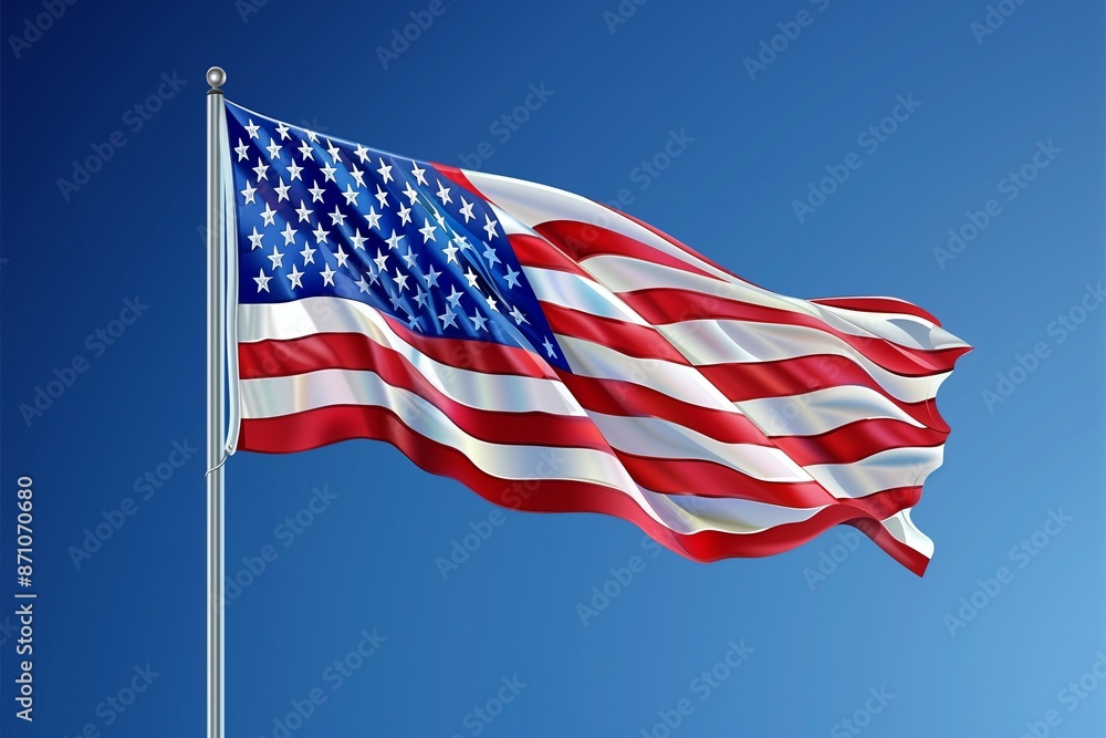 A large American flag is flying in the sky. The flag is red, white, and blue A large American flag is flying in the sky. The flag is red, white, and blue