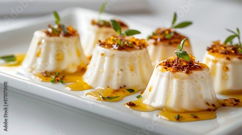 03070100 29 A traditional Romanian dessert, Julfa with hemp mousse, beautifully presented on a white plate with a drizzle of honey. The white background emphasizes the delicate texture and rich photo