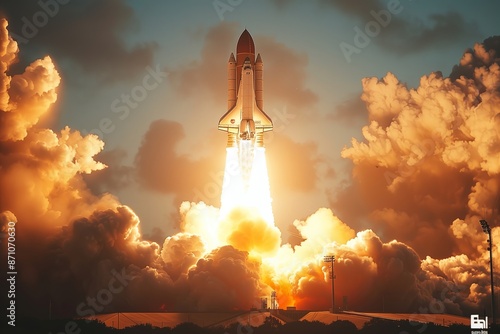 A space shuttle is launching into the sky. The clouds are orange and the sky is blue. Scene is one of excitement and wonder as the shuttle takes off into the unknown