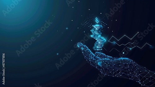 Abstract polygonal hand holding a glowing coin on a dark blue background
