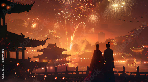 Couple in traditional Hanfu attire admiring fireworks under ancient Chinese architecture at night, showcasing the rich cultural heritage and romantic ambiance of China’s historical celebration. photo