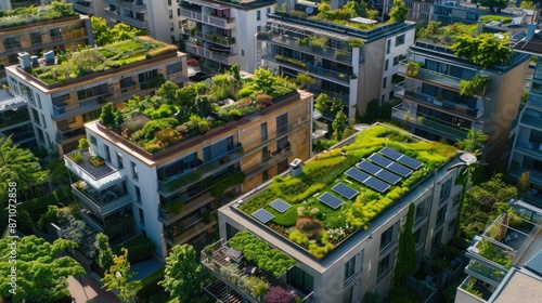 Green roofs on residential buildings in an urban neighborhood, with gardens and solar panels integrated into the architecture.
