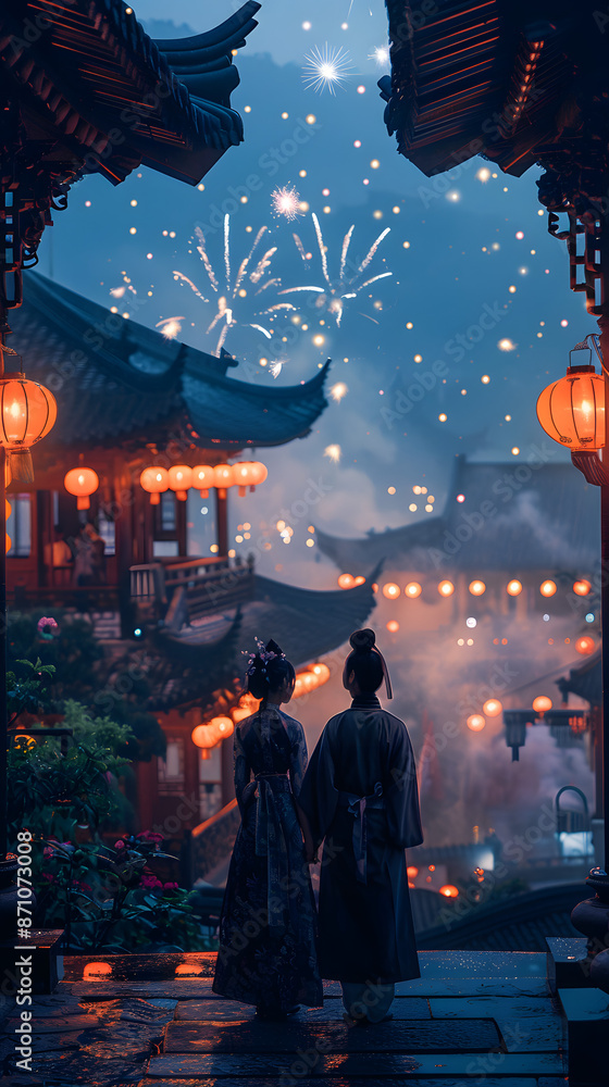 Obraz premium Couple in traditional Hanfu attire admiring fireworks under ancient Chinese architecture at night, showcasing the rich cultural heritage and romantic ambiance of China’s historical celebration.