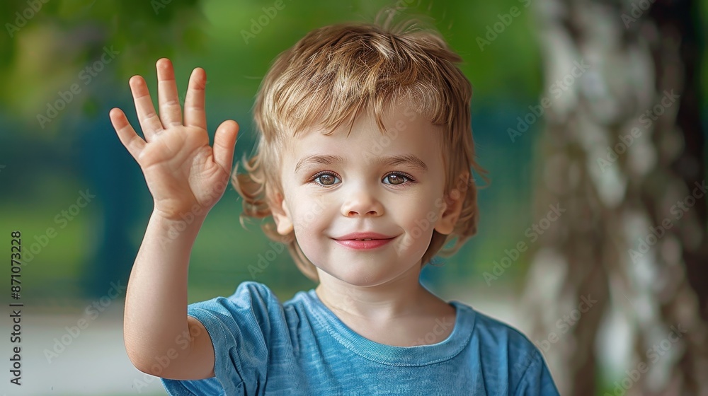A happy and adorable young boy with light brown hair wearing a blue shirt while waving at the camera, captured in an outdoor setting with green background, spreading joy. A happy and adorable young boy with light brown hair wearing a blue shirt while waving at the camera, captured in an outdoor setting with green background, spreading joy.