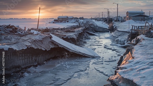 Melting permafrost in the Arctic, causing the ground to slump and destabilize infrastructure.