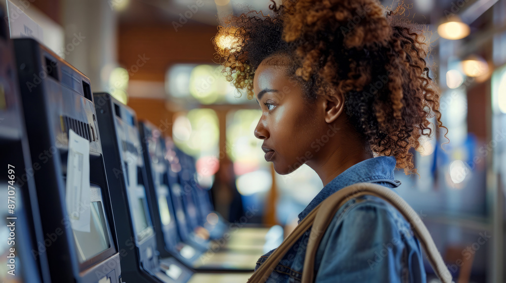 Young woman using self-service kiosk in modern public transportation hub Young woman using self-service kiosk in modern public transportation hub