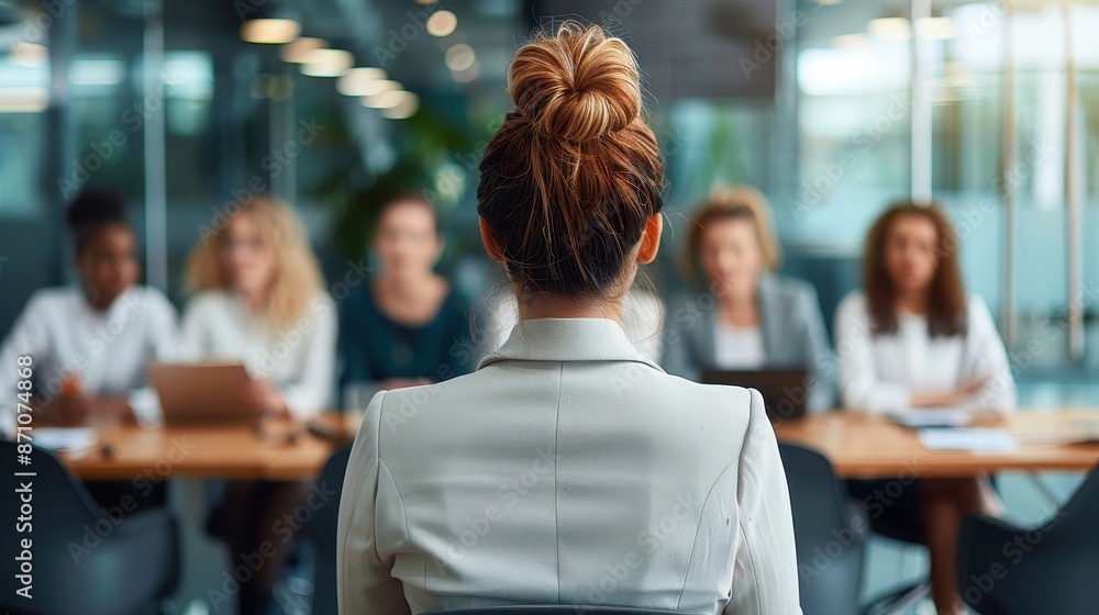 Fototapeta premium A back view of a professional woman with a bun in a corporate board meeting. The focus is on the woman while others in the meeting room are engaged in discussion.