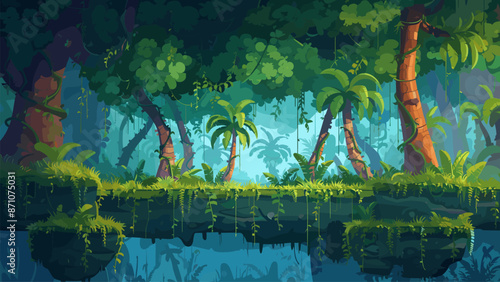 Dense Jungle Thickets Palm Trees Vines Hanging Lush Vegetation Exotic Wildlife Adventure Exploration Cartoon Style Game Level Background Illustration