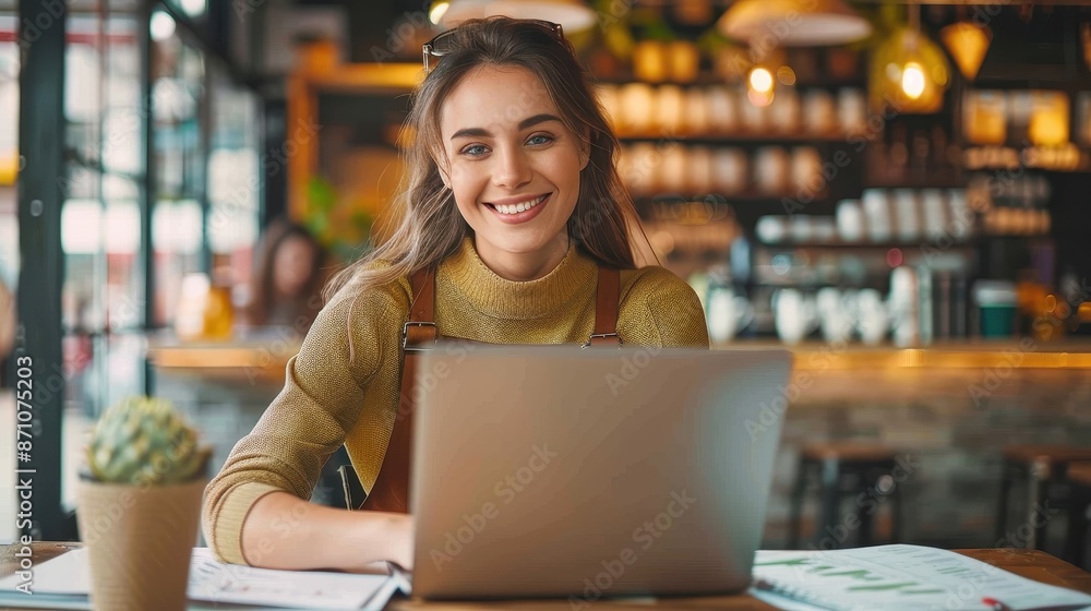 Fototapeta premium A young woman sits cheerfully in a cozy, well-lit cafe, working on her laptop. The warm ambiance surrounds her as she focuses on her tasks in this inviting setting.