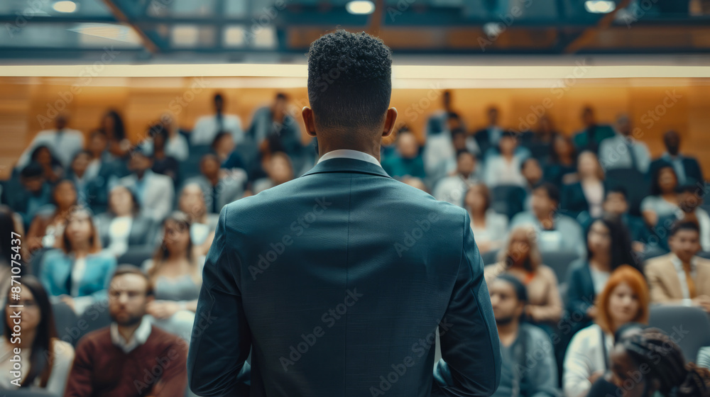 Speaker addressing a diverse audience in a modern lecture hall Speaker addressing a diverse audience in a modern lecture hall
