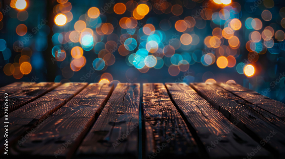 Wooden table with colorful bokeh lights in the background, evening scene Wooden table with colorful bokeh lights in the background, evening scene