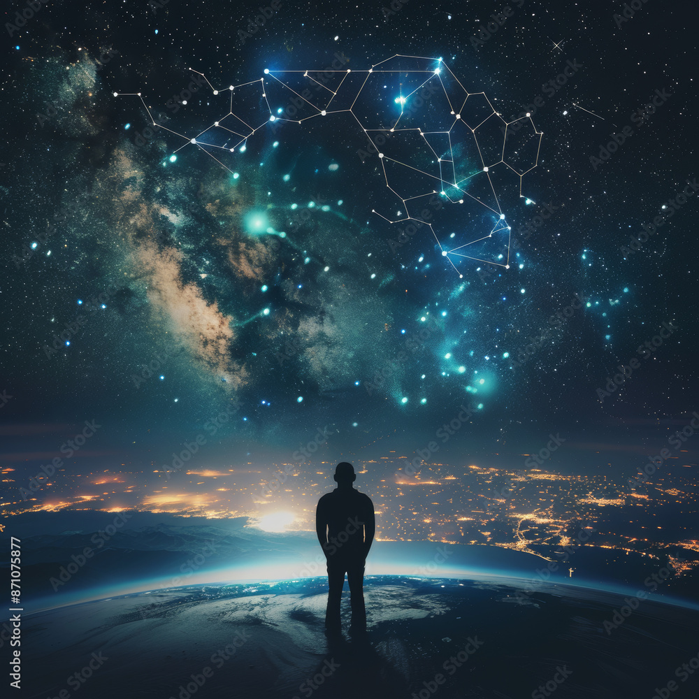 A concept depicting zodiac signs and horoscopes, showing a silhouette of a black man on Earth gazing up at a starry dark sky adorned with constellations. A concept depicting zodiac signs and horoscopes, showing a silhouette of a black man on Earth gazing up at a starry dark sky adorned with constellations.