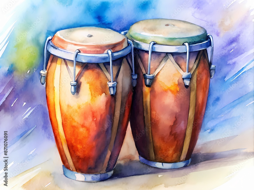 Vibrant conga drums with glossy wooden bodies and shiny metal hardware ...