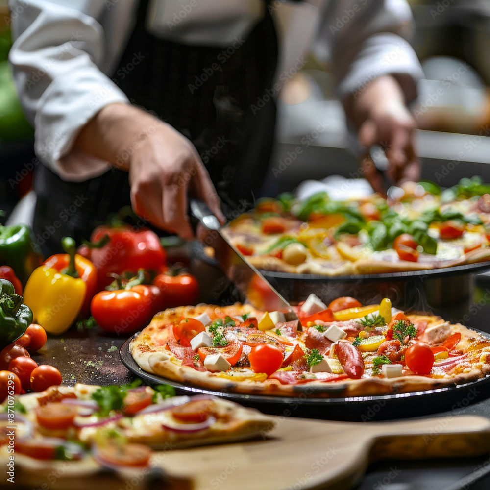 Chef slicing freshly made vegetable pizza with vibrant ingredients Chef slicing freshly made vegetable pizza with vibrant ingredients