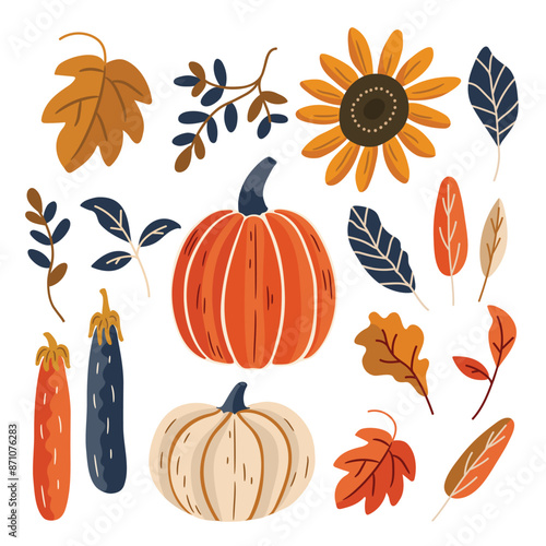 Vector clip art with autumn harvest pumpkins leaves and sunflowers on white background.