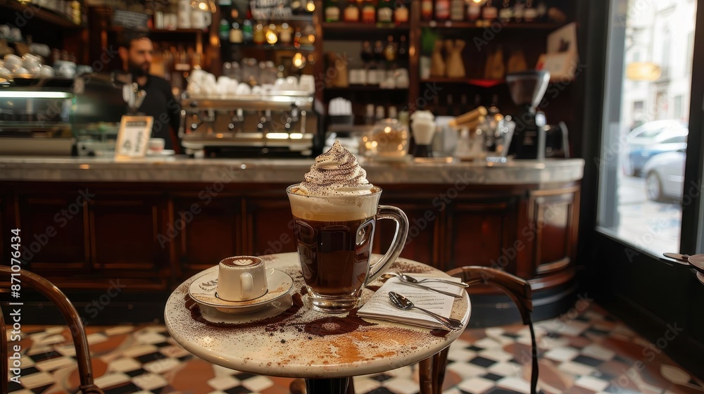 A close-up of an Italian coffee topped with whipped cream at a café table, against the backdrop of a cozy interior with wooden decor and an inviting atmosphere, perfect for relaxation. A close-up of an Italian coffee topped with whipped cream at a café table, against the backdrop of a cozy interior with wooden decor and an inviting atmosphere, perfect for relaxation.
