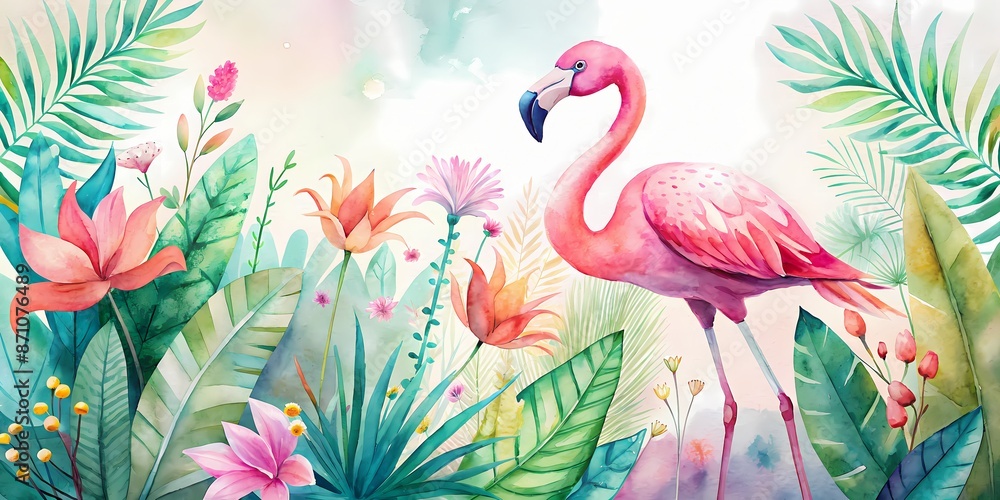 Naklejka premium Vibrant pink flamingo stands amidst lush tropical branches and colorful flowers, creating a serene and exotic atmosphere in a sun-kissed serene natural setting.