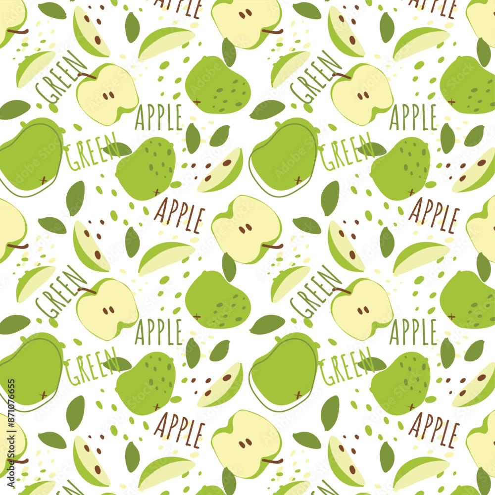 Abstract green apple pattern in flat style. Fresh, delicious fruit seamless pattern. Vector background. Summer freshness for health. For background, juice, ice cream or packaging. Abstract green apple pattern in flat style. Fresh, delicious fruit seamless pattern. Vector background. Summer freshness for health. For background, juice, ice cream or packaging.