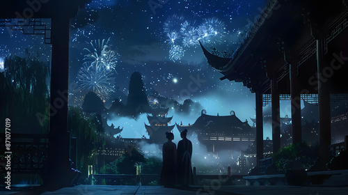 Couple in traditional Hanfu attire admiring fireworks under ancient Chinese architecture at night, showcasing the rich cultural heritage and romantic ambiance of China’s historical celebration. photo