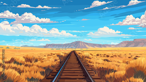 Endless American Prairie Railway Tracks Train Crossing Vast Landscape Countryside Transportation Rural Scene Cartoon Style Game Background Illustration