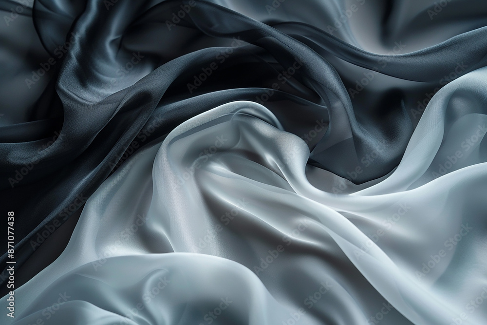 Smooth, flowing black and white silk intertwines to create a stunning monochrome effect. The fabric's texture and drape showcase its luxurious quality and timeless elegance. Smooth, flowing black and white silk intertwines to create a stunning monochrome effect. The fabric's texture and drape showcase its luxurious quality and timeless elegance.