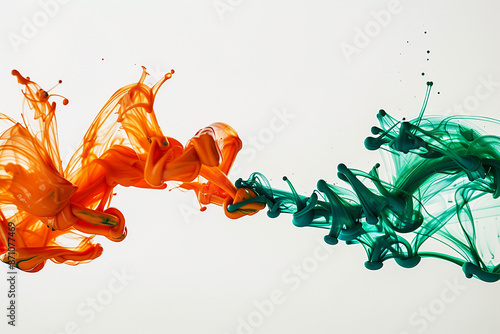 Dynamic splash of orange and green paint swirling through water, creating a vibrant, abstract pattern. The image captures the fluid motion and vibrant colors against a white background.