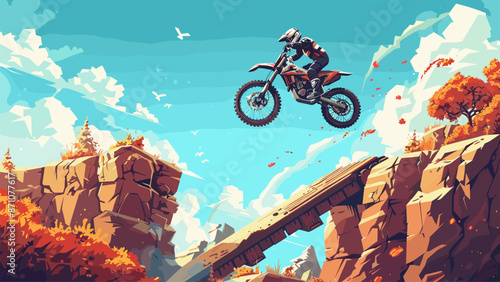 Enduro Biker Jumps off the Ramp Cartoon Game Background Extreme Sport Motorbike Rider Adventure Action Thrilling Stunt Motorcross Race Track Illustration Excitement Velocity