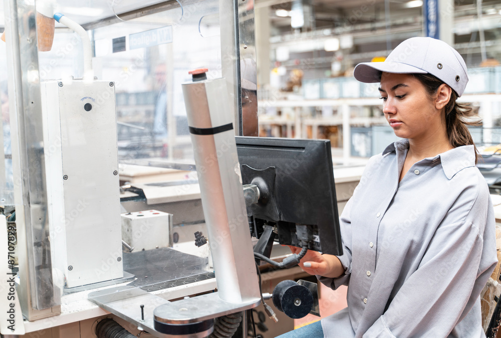 Dedicated Young Female Worker/Engineer at Computer Monitor in the Factory Dedicated Young Female Worker/Engineer at Computer Monitor in the Factory