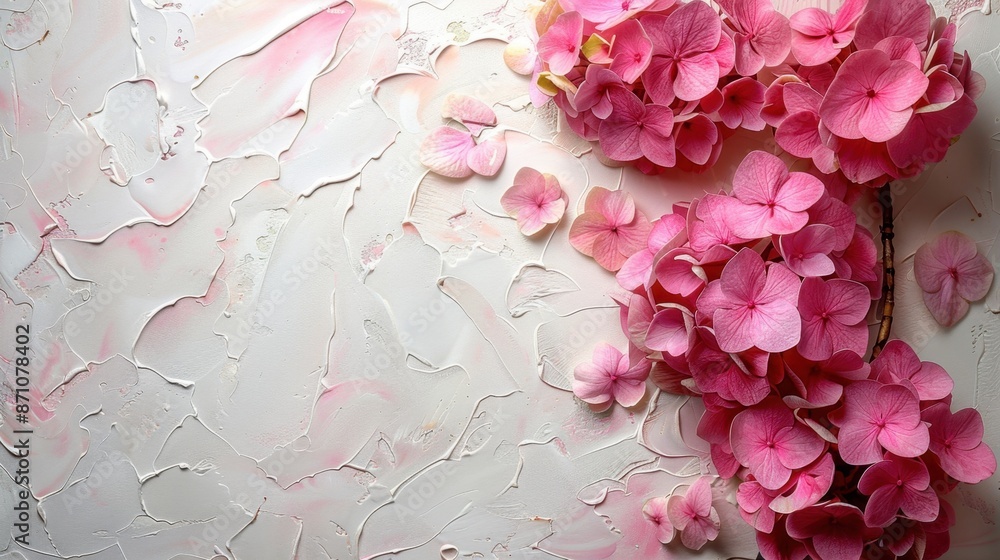 Fototapeta premium Hydrangea flower flatlay background for product mockup scene creator. Extra space for text copy.