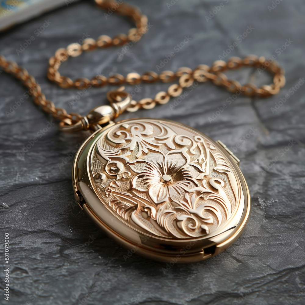 Gold Locket with Chain on Slate Background: Detailed Close-up Gold Locket with Chain on Slate Background: Detailed Close-up