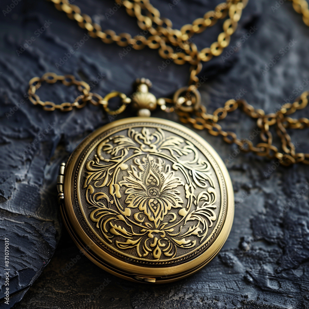 Gold Locket with Chain on Slate Background: Close-up View Gold Locket with Chain on Slate Background: Close-up View