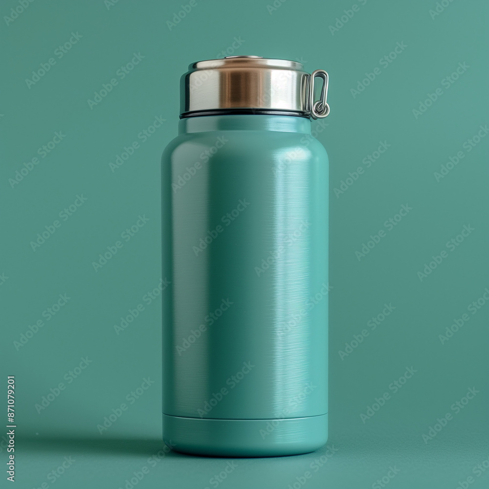 Cyan Flask with Cap on Forest Green Background: Close-up View Cyan Flask with Cap on Forest Green Background: Close-up View