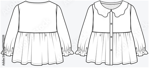 ELBOW LENGTH SLEEVES WOVEN TOP WITH CUT OUT FLORAL COLLAR DETAIL DESIGNED FOR TEEN GIRLS AND KID GIRLS IN VECTOR FILE