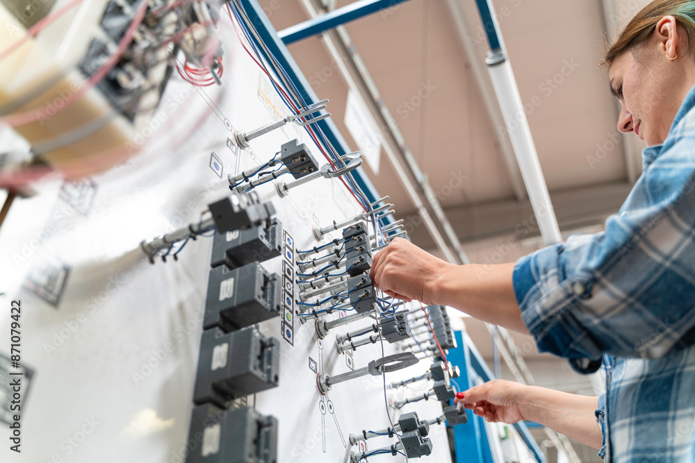 A female engineer in a work wear is working on manufacturing of home appliances factory an electrical control panel. A female engineer in a work wear is working on manufacturing of home appliances factory an electrical control panel.