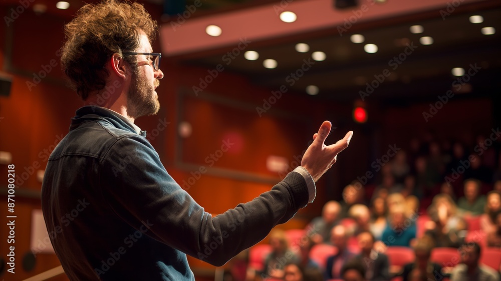 Speaker engages audience at a conference or seminar, emphasizing key points with gestures. Speaker engages audience at a conference or seminar, emphasizing key points with gestures.