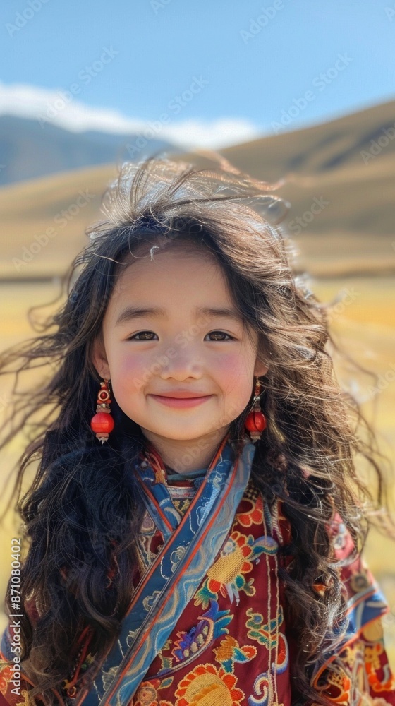 A young girl in traditional Tibetan clothing smiles brightly against a backdrop of rolling hills and a clear blue sky A young girl in traditional Tibetan clothing smiles brightly against a backdrop of rolling hills and a clear blue sky