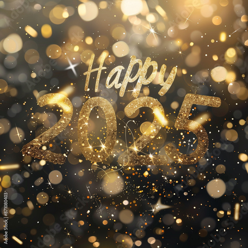 Happy 2025 written in golden letters on a glittering background with bokeh lights, creates an elegant and festive atmosphere for the New Year s celebration. photo