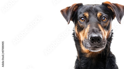 Serious mixed breed canine portrait with white background and space for text