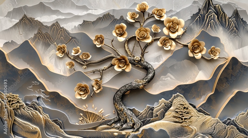 Golden Roses on Trees in Majestic Mountain Landscapes. 3D mural background and wallpaper. High quality AI generated image Golden Roses on Trees in Majestic Mountain Landscapes. 3D mural background and wallpaper. High quality AI generated image