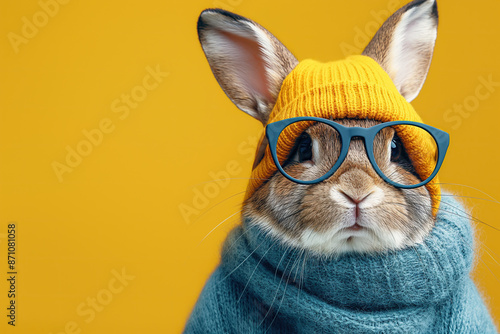 A Stylish Young Rabbit in a Yellow Beanie and Chunky Blue Scarf, Posing with Trendy Glasses Against a Vivid Yellow Background © Damian